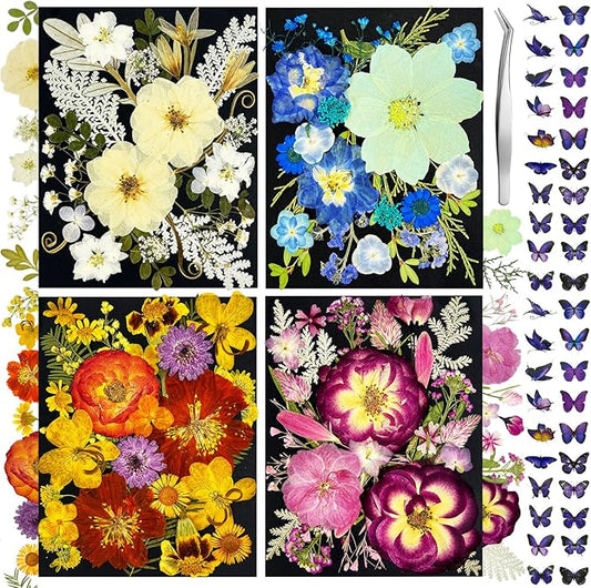 142Pcs Dried Flowers, Dried Pressed Flowers for Crafts, Natural Dried Pressed Flowers for Resin with DlY Butterfly Stickers&Tweezers for Photo Frames, Scrapbooks, Candles, Jewelry Making, Resin Molds