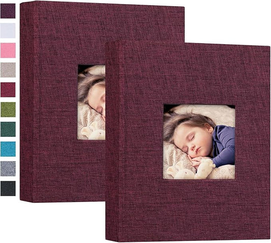 Mublalbum 2 Pack Small 5x7 Photo Album Linen Cover with Display Window Mini Picture Book Each Holds 52 Vertical Pockets for Artwork Postcards or Pictures Storage (Purple)