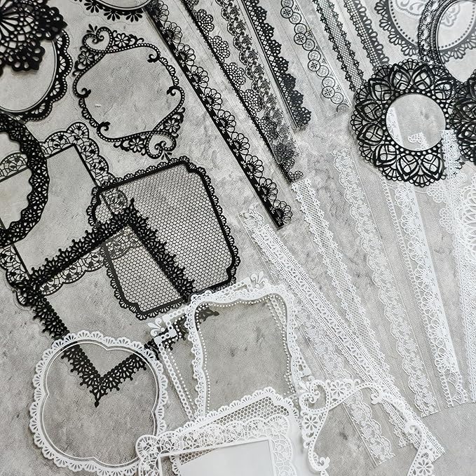 PRSTINCOL 240 PCs Lace Scrapbook Stickers,Waterproof Cutout Transparent Sticker PET Transparent Lace Stickers for Scrapbooking DIY Decoration Making Notebook Frame Album Handmade(Black and White)