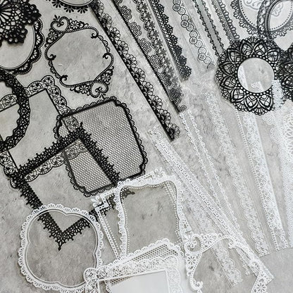 PRSTINCOL 240 PCs Lace Scrapbook Stickers,Waterproof Cutout Transparent Sticker PET Transparent Lace Stickers for Scrapbooking DIY Decoration Making Notebook Frame Album Handmade(Black and White)