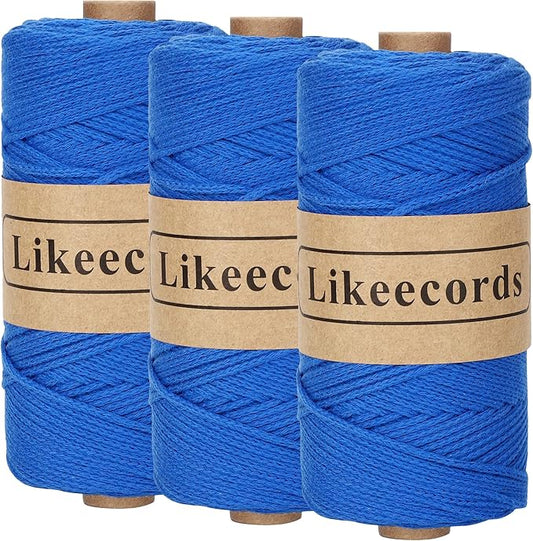 100% Cotton Crochet Yarn for Bag,3 Rolls/Pack 2mm x 510m,Macrame Cord,Chunky Yarn for Crocheting Handbag, Purse,Blankets Crafts Projects (Royal Blue)