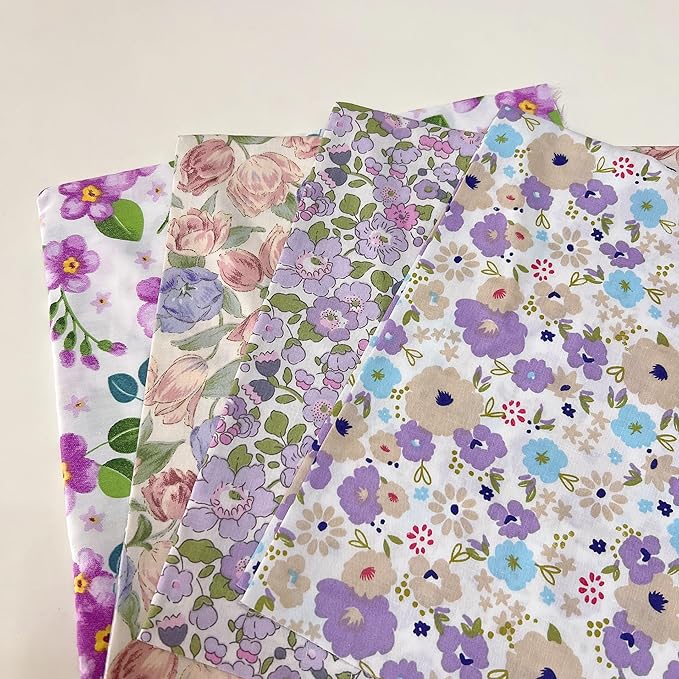 7Pcs 20" x 20" Cotton Fabric DIY Making Supplies Quilting Patchwork Fabric Fat Quarter Bundles DIY for Quilting Cotton Patchwork Cushions (Purple Flowers, 20" x 20")