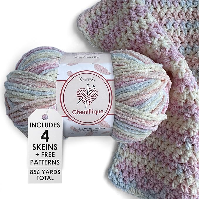 Chenillique Velvet Chenille Yarn for Crocheting, 4-Pack (856Yds / 400G), Free Patterns, Beginners Friendly - Soft Baby Yarn for Knitting Baby Blanket - #4 Medium Worsted Weight - Pastel Dreams