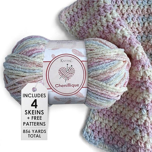 Chenillique Velvet Chenille Yarn for Crocheting, 4-Pack (856Yds / 400G), Free Patterns, Beginners Friendly - Soft Baby Yarn for Knitting Baby Blanket - #4 Medium Worsted Weight - Pastel Dreams