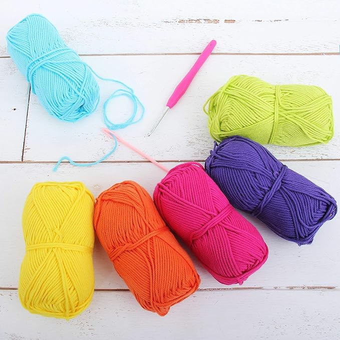 Threadart Crochet 100% Pure Cotton Yarn Set | Confetti Colors | Pack of 6 Skeins Each 50 Grams | Worsted Medium #4 Yarn | 85 yds per Skein