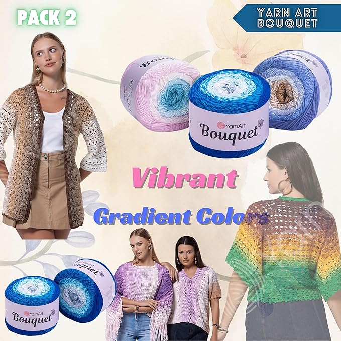 2 Skein Yarn Art Bouquet 100% Cotton 250grx2 550yardsx2 Multicolor Cotton Cake Yarn, Ombre More Softness, Gradient Rainbow Crochet Spring Summer Light 3, Top 5 Most Used Colors (Bouquet 718)