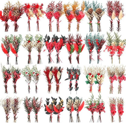 Tinideya 48 Pack 6 Inch Christmas Mini Dried Flower Bouquets Bulk Red Green Dried Flowers with Stem Berries for Vase DIY Wreath Crafts Xmas Home Decoration Christmas Tree Picks Decorations