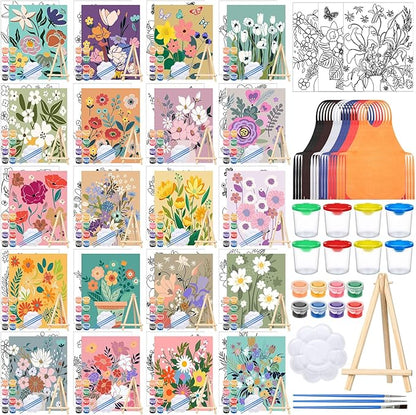 Sherr 140 Pcs 20 Set Pre Drawn Canvas Kit for Painting Craft Sip and Paint Kit for Adults Pre Printed Canvas Painting Favor for Virtual DIY Birthday Gifts Adult's Date Party(Flower)