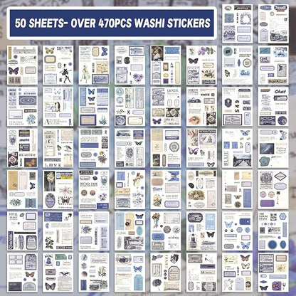 RISYPISY Pre-Cut Vintage Ephemera Washi Scrapbook Sticker Book for Scrapbooking - 50 Sheets Blue Journaling Dark Academia Stickers for Junk Journal Scrap Book Supplies Arts Frame Album, 473PCS