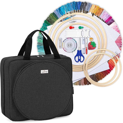 LoDrid Embroidery Kit, Embroidery Project Bag with Embroidery Kit, Portable Craft Carry Case with Starter Kit, Embroidery Supplies Storage Bag and Cross Stitch Kits for Beginners, Adults, Black