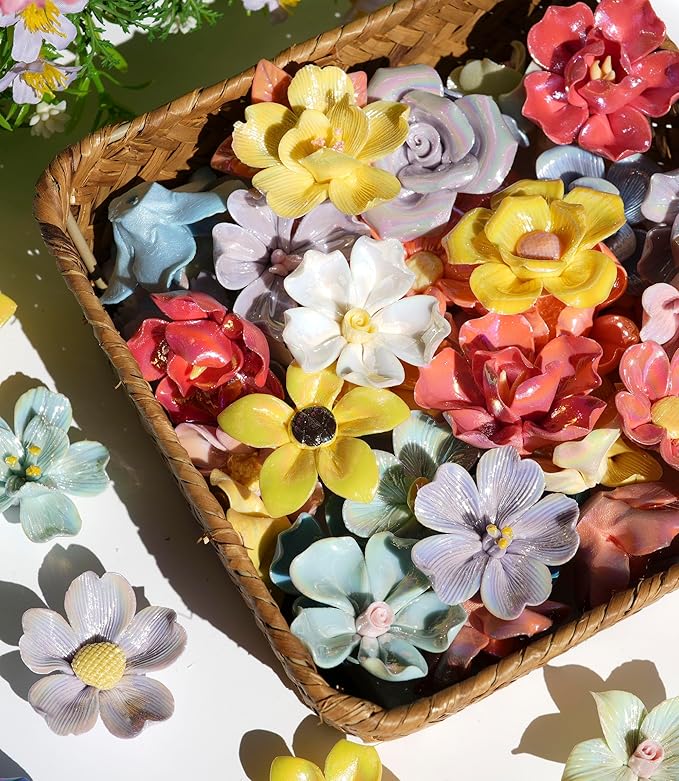 Lanyani 30 Pieces 3D Ceramic Mosaic Flowers for DIY Crafts, Various Shimmering Glaze Iridescent Bloom Petal Shaped Glass Tile for Mosaic Project and Decorations