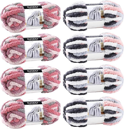 Chunky Chenille Yarn for Hand Knitting 8 Jumbo Pack Jumbo Chunky Yarn for Hand Soft Blanket Knitting, Bulky Thick Fluffy Yarn for Crocheting (Cherry Blossom+Kitten Color)