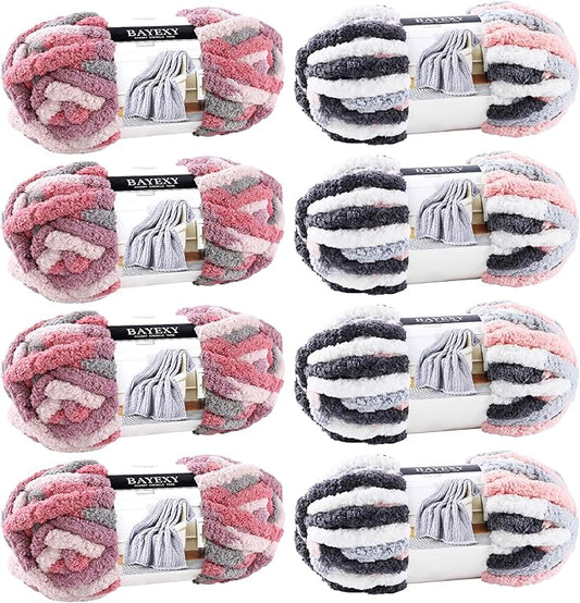 Chunky Chenille Yarn for Hand Knitting 8 Jumbo Pack Jumbo Chunky Yarn for Hand Soft Blanket Knitting, Bulky Thick Fluffy Yarn for Crocheting (Cherry Blossom+Kitten Color)