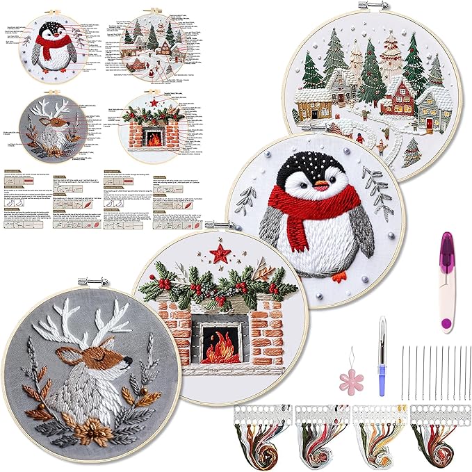 WKALXJ 4 Sets Christmas Embroidery Kits for Adults, Embroidery Kit for Beginners, Cross Stitch Kits for Beginners with Pattern, Needles, Threads, Tools (Resort+Penguin+Fireplace+Elk)