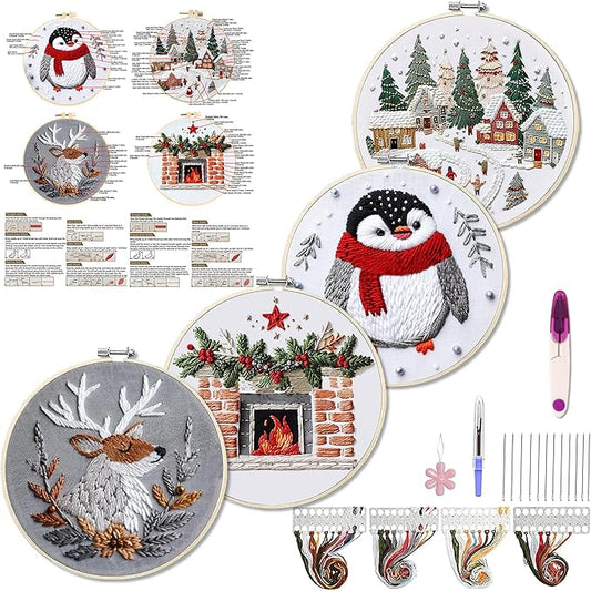 WKALXJ 4 Sets Christmas Embroidery Kits for Adults, Embroidery Kit for Beginners, Cross Stitch Kits for Beginners with Pattern, Needles, Threads, Tools (Resort+Penguin+Fireplace+Elk)