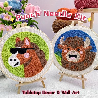 Punch Needle Kit for Adult Beginner, 2-Pack Horse & Highland Cow Punch Embroidery Starter Set with Instructions – Yarn Needle Punch Craft for Xmas Gift Idea & Home Wall Decor