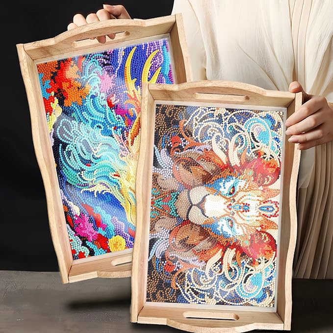 DIY Art Painting Wooden Tray Kit, Food Tray with Handle Diamond Painted Table Decoration Tray, for Breakfast, Bar Dinner Table Diamond Dots Gem Painting Art Set for Beginners (#29-Lion)
