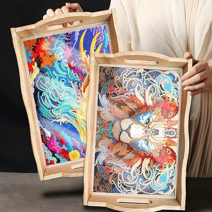 DIY Art Painting Wooden Tray Kit, Food Tray with Handle Diamond Painted Table Decoration Tray, for Breakfast, Bar Dinner Table Diamond Dots Gem Painting Art Set for Beginners (#29-Lion)
