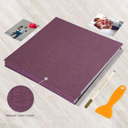 Photo Album Self Adhesive Pages Black Sticky Pages Large Scrapbook Linen Cover for 4x6 5x7 8x10 Pictures Album de Fotos Wedding Couples Baby Family Memory Book, 11x10.6 Purple 60 Pages