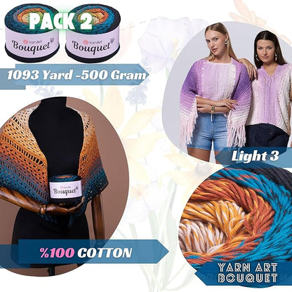 2 Skein Yarn Art Bouquet 100% Cotton 250grx2 550yardsx2 Multicolor Cotton Cake Yarn, Ombre More Softness, Gradient Rainbow Crochet Spring Summer Light 3, Top 5 Most Used Colors (Bouquet 722)