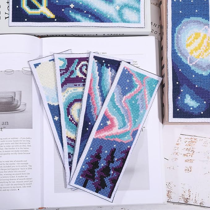 ORIGACH 6 Set Cross Stitch Bookmark Kit for Beginner Starry Sky Pattern DIY Stamped Embroidery Bookmark Kit with 20 Colors Embroidery Floss Instructions 8''x2.4''