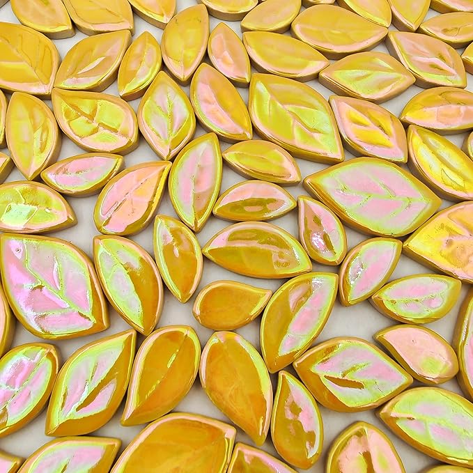 500g/1.1lb Leaf-Shaped Ceramic Mosaic Tiles,Ceramic Mosaic Pieces for Crafts,Mosaic Tiles for Home Decoration or DIY Crafts,Mosaic Making Supplies. (Iridescent Yellow)