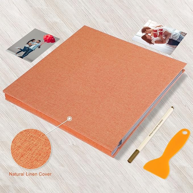 Photo Album Self Adhesive Pages Black Sticky Pages Large Scrapbook Linen Cover for 4x6 5x7 8x10 Pictures Album de Fotos Wedding Couples Baby Family Memory Book, 13.2x12.8 Orange 40 Pages