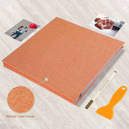Photo Album Self Adhesive Pages Black Sticky Pages Large Scrapbook Linen Cover for 4x6 5x7 8x10 Pictures Album de Fotos Wedding Couples Baby Family Memory Book, 13.2x12.8 Orange 40 Pages