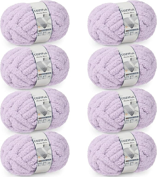 Chunky Yarn for Hand Knitting - #10 Chunky Chenille Yarn, Jumbo Big Thick Chunky Yarns for Crocheting, Super Bulky Chunky Knit Blanket Yarns, 8 Skein (25 yds 8 oz Each Skein), Lavender Fog