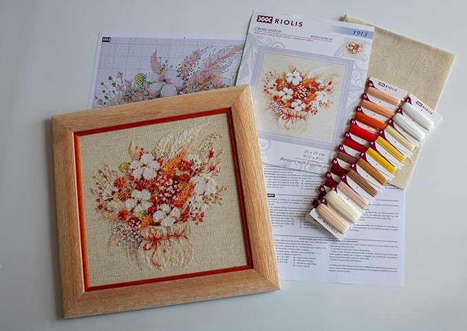 RIOLIS - Bouquet with Lagurus and Cotton 1913, Cross Stitch Kits 9¾"x9¾, Cross Stitch Kits for Adults, Counted Cross Stitch Kits, Embroidery Kit for Beginners & Advanced, Floral Crossstitching Kits