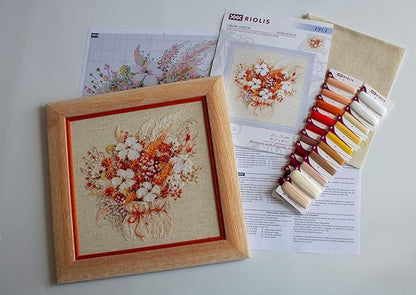 RIOLIS - Bouquet with Lagurus and Cotton 1913, Cross Stitch Kits 9¾"x9¾, Cross Stitch Kits for Adults, Counted Cross Stitch Kits, Embroidery Kit for Beginners & Advanced, Floral Crossstitching Kits