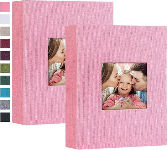 Mublalbum 2 Pack Small 4x6 Photo Album Linen Cover with Display Window Mini Picture Book Each Holds 52 Vertical Pockets for Artwork Postcards or Pictures Storage (Pink)