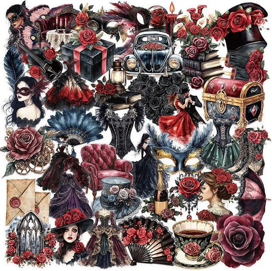 50 Pcs Gothic Masquerade Scrapbook Stickers – Vintage Clear Aesthetic Stickers with Victorian Dresses, Masks, Roses, Corsets, Dark Romance Ephemera for Journaling, Crafts, Laptop, Gift Decoration