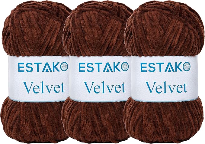 Estako Velvet (3- Skeins Pack) Chenille Blanket amigurumi Yarn for Crocheting and Knitting Super Bulky 3x100 gr (3x132 yds) (1410 - Brown)