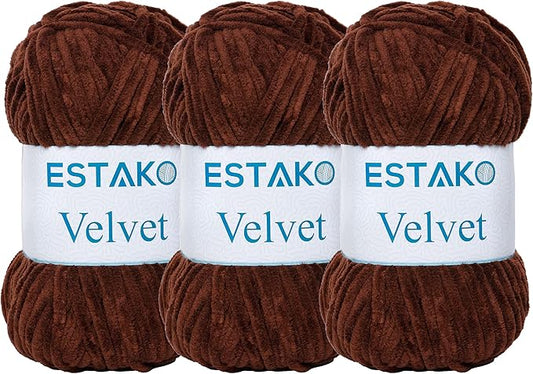 Estako Velvet (3- Skeins Pack) Chenille Blanket amigurumi Yarn for Crocheting and Knitting Super Bulky 3x100 gr (3x132 yds) (1410 - Brown)