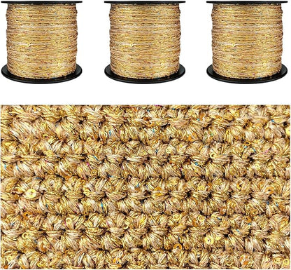 Artisanal Yarn Collection Multifiber Fancy Yarn with Mini Golden Sequins for Knitting Crocheting Crafts DIY, Set of 3 Rolls (Gold with Mini Sequins)