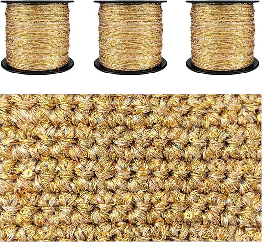 Artisanal Yarn Collection Multifiber Fancy Yarn with Mini Golden Sequins for Knitting Crocheting Crafts DIY, Set of 3 Rolls (Gold with Mini Sequins)