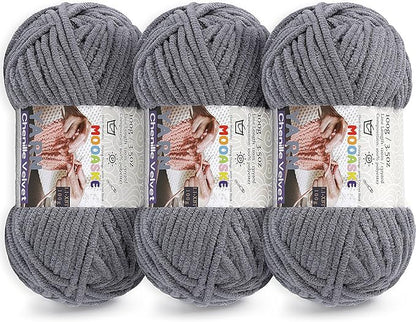 3 * 100g Chunky Yarn for Crocheting and Knitting - Easy to Use Plush Chenille Super Bulky Yarn 393yds - Ultra Soft Velvet Baby Blanket Yarn for Beginners & Amigurumi Projects, Charcoal Gray