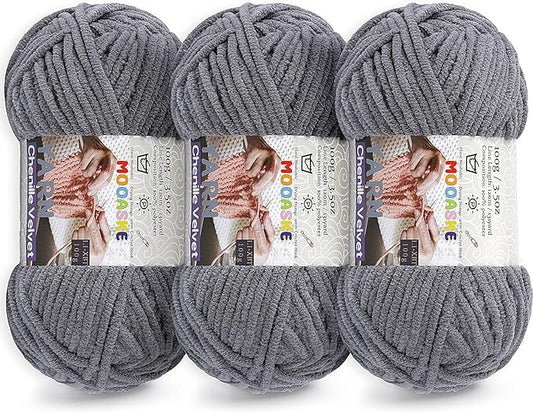 3 * 100g Chunky Yarn for Crocheting and Knitting - Easy to Use Plush Chenille Super Bulky Yarn 393yds - Ultra Soft Velvet Baby Blanket Yarn for Beginners & Amigurumi Projects, Charcoal Gray
