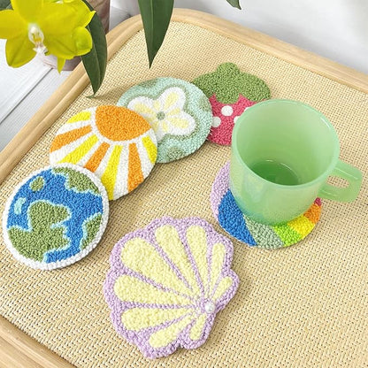 HAND U JOURNEY Craft Punch Needle Coasters Kit - 6 Patterns with Adhesive Felt, Yarns, Embroidery Hoop - Perfect for Adults, Beginners, and Starter with Instructions