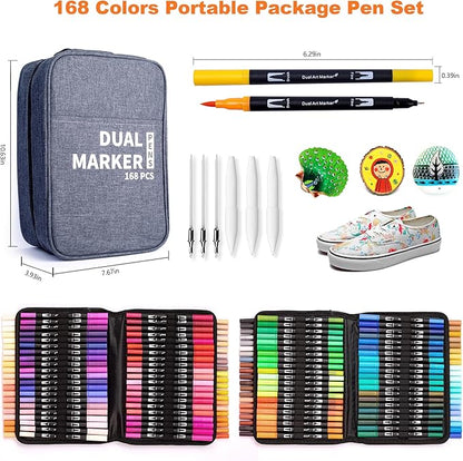 Abvqr Dual Markers Brush Pens, 168 Colors Art Marker Set with Brush and Fine Tips – Premium Art Supplies for Adults, Perfect for Coloring Books, Hand Lettering, Calligraphy, and Drawing