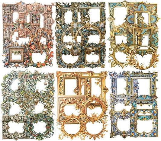 AuriicLeaf Medieval Frame Stickers – 60 Hollow-Cut Cardstock Stickers for Scrapbook & Journal, Vintage Self-Adhesive Embellishments for Junk Journal, DIY Art & Collage Design
