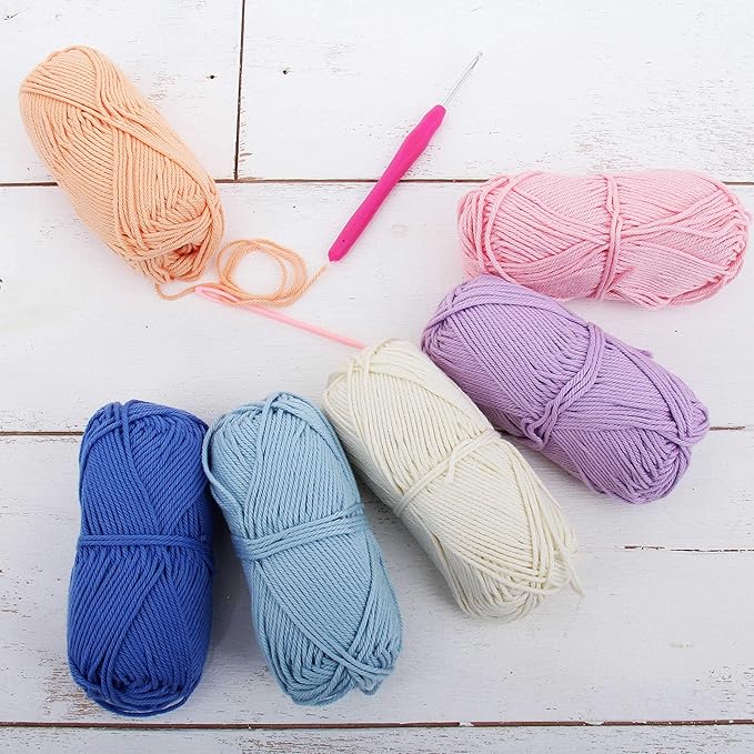 Threadart Crochet 100% Pure Cotton Yarn Set | Pastel Colors | Pack of 6 Skeins Each 50 Grams | Worsted Medium #4 Yarn | 85 yds per Skein