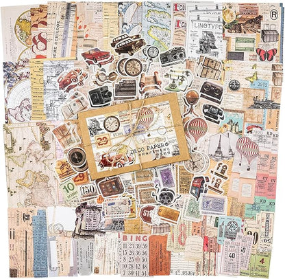 Knaid 200 Pieces Vintage Ephemera Pack Decoupage Paper Junk Journal Kit Scrapbook Planner Sticker Supplies for Art Journaling Bullet Journals Collage Notebooks Album Crafter Gifts (World Memory)
