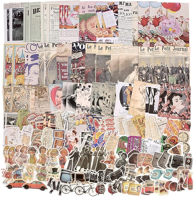 Draupnir 200pcs Vintage Junk Journal Supplies,Scrapbook Supplies Scrapbooking Paper and Stickers Ephemera for Art Aesthetic Journaling Kit Collage (Vintage)