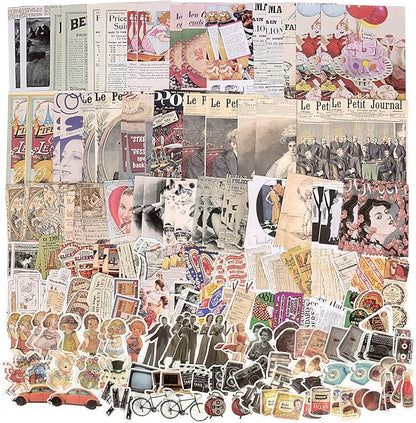 Draupnir 200pcs Vintage Junk Journal Supplies,Scrapbook Supplies Scrapbooking Paper and Stickers Ephemera for Art Aesthetic Journaling Kit Collage (Vintage)