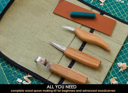BeaverCraft Wood Spoon Carving Tools Kit S17 with Wood Carving Hook Knife & Sloyd, Chip Whittling Knives for Spoon Carvers - Whittling Tools Set with Knife Leather Strop Polishing Compound, Tool Case