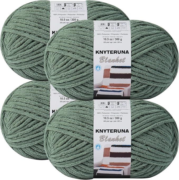 #6 Super Bulky Blanket Yarn for Crocheting - 4 Skeins(Each 10.5oz/300g, 220yds/201m), Chunky Chenille Thick Plush Big Soft Yarn for Crocheting Knitting Blankets, Smoky Green