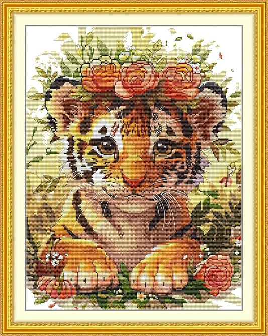 Maydiyer Counted Cross Stitch Kits for Adults,14CT Unprinted Pattern Embroidery Kits for Beginners,Easy Cross-Stitch Set DMC Threads Needlework- Tiger with a Garland of Flowers 14.6''×18.5''