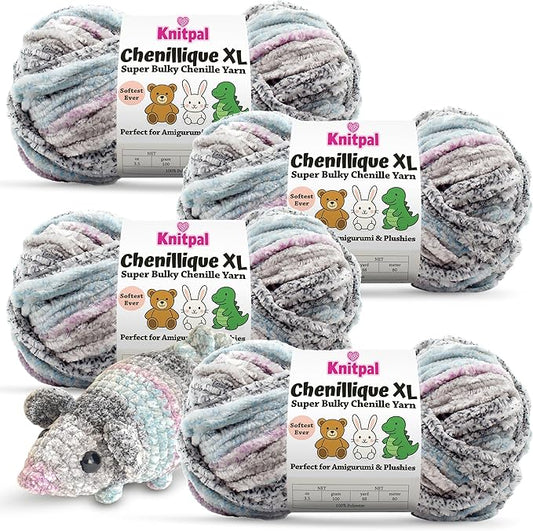 Chenillique XL Plush Chenille Yarn – 4-Pack (352 Yards / 400 g) – Variegated Super Bulky Yarn for Plushies, Blankets, Amigurumi & Accessories - Orchid Mist